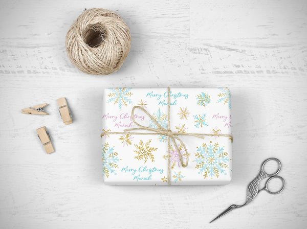 Personalized Name Wrapping Paper Snowflakes, Pink Blue and Gold Gift Wrap Personalized Christmas Gift Wrap Sheets Holiday Wrapping Paper