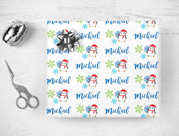 Personalized Name Christmas Gift Wrap, Boy Penguin Personalized Name Wrapping Paper, Holiday Wrapping Paper, Unique Gift Wrap