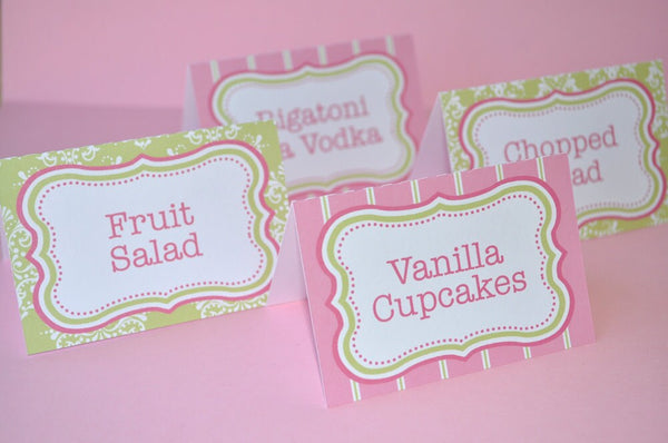 Food Label Tent Cards, Buffet Labels, Candy Labels, Place Cards, Girls Baby Shower, Birthday Party Decorations - Pink and Green - Set of 12