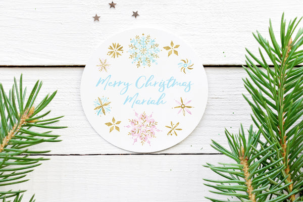 Christmas Stickers Gift Tags Snowflakes Pink Blue Gold, Happy Holidays Stickers Envelope Seals Christmas Labels Packaging - Set of 24
