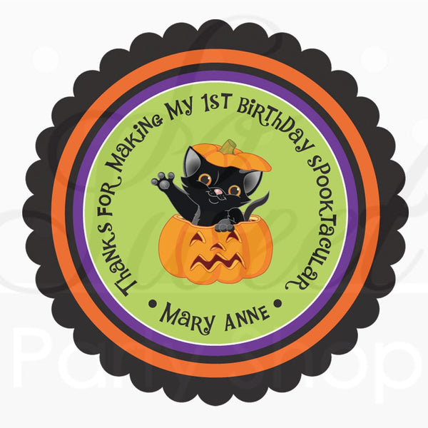 Halloween Stickers, Personalized Favor Stickers, Halloween 1st Birthday, Cat Pumpkin Favor Sticker Labels, Halloween Decorations - Set of 24