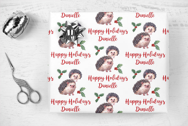 Hedgehog Personalized Name Christmas Gift Wrap Sheets, Cute Animal Hedgehog Wrapping Paper, Holiday Wrapping Paper, Unique Gift Wrap
