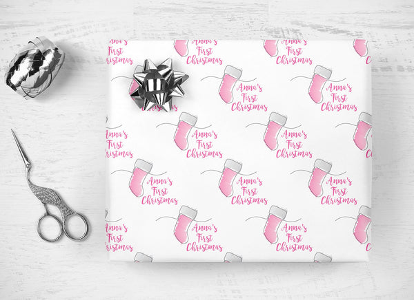 Baby&#39;s First Christmas Gift Wrap Personalized Name Wrapping Paper, Baby Girl Christmas Gift Wrap Sheets Holiday Wrapping Paper