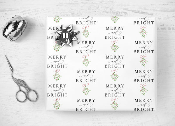 Christmas Wrapping Paper Merry and Bright Mistletoe, Modern Christmas Gift Wrap Sheets, Holiday Wrapping Paper, Unique Christmas Wrap