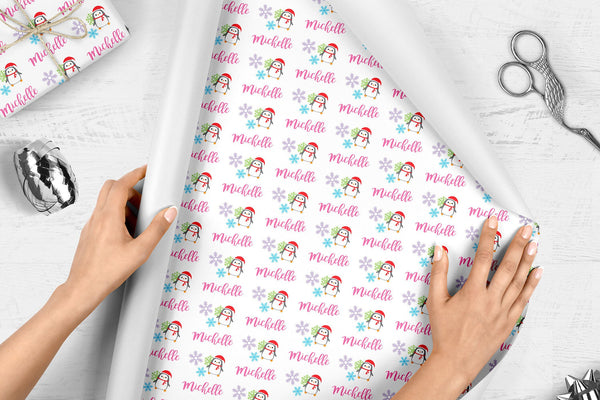 Personalized Name Christmas Gift Wrap, Girl Penguin Personalized Name Wrapping Paper, Holiday Wrapping Paper, Unique Gift Wrap