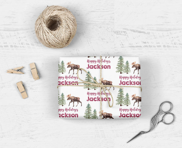 Moose Personalized Name Christmas Gift Wrap Sheets, Moose Wrapping Paper, Holiday Wrapping Paper, Unique Gift Wrap