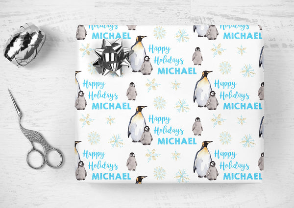 Penguin Personalized Name Christmas Gift Wrap Sheets, Penguin Wrapping Paper, Holiday Wrapping Paper, Unique Gift Wrap