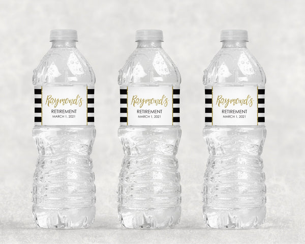 Retirement Water Bottle Labels, Retirement Party Gold Black Happy Retirement Drink Labels, Waterproof Water Bottle Wraps - Set of 10