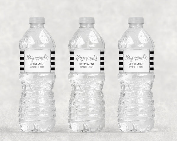 Retirement Water Bottle Labels, Retirement Party Silver Black Happy Retirement Drink Labels, Waterproof Water Bottle Wraps - Set of 10