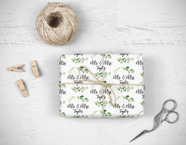 Wedding Wrapping Paper Greenery Leaf, Personalized Wedding Gift Wrap Sheets, Unique Present Wrapping Paper Bridal Shower