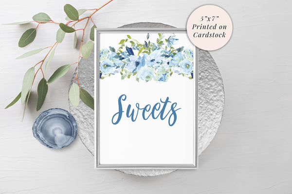 Sweets Sign 5x7 Print Bridal Shower Sign, Sweets Treat Table Wedding Sign, Baby Shower Sign, Blue Floral Shower PRINTED & SHIPPED!