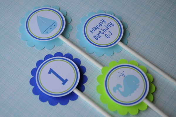Whale 1st Birthday Cupcake Toppers, Nautical Birthday, Sailboat, Boys 1st Birthday, Kids Birthday Ideas, Birthday Party Decor - Set of 12