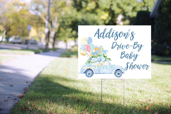 Drive By Baby Shower Yard Sign Blue Boy Baby Shower Lawn Sign, Virtual Baby Shower Social Distancing Quarantine 24” x 18" Printed Sign