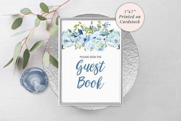 Wedding Guest Book Sign 5x7 Print, Bridal Shower Sign, Guest Book Table Wedding Sign, Baby Shower Signs, Blue Floral PRINTED & SHIPPED!