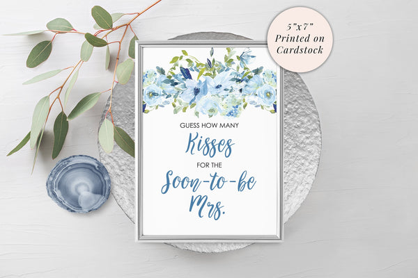 Guess How Many Kisses Bridal Shower Game Sign 5x7 Print, Wedding Shower Game Sign, Bachelorette Party Blue Floral PRINTED & SHIPPED!