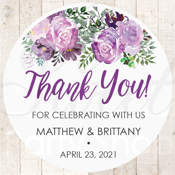 Wedding Favor Stickers, Thank You Stickers, Wedding Favor Sticker Labels, Bridal Shower Sticker Favors Purple Floral - Set of 24 Stickers