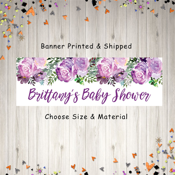 Baby Shower Banner, Girl Baby Shower Banner, It&#39;s A Girl Baby Shower Banner, Girls Baby Shower Purple Floral Decorations, Printed & Shipped