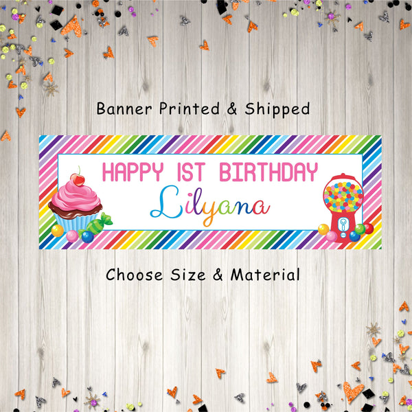 Birthday Banner Sweet Shoppe, 1st Birthday Banner Rainbow Candy Land Birthday Party Banner - Printed and Shipped