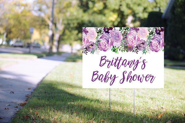 Baby Shower Yard Sign Purple Floral, Girl Baby Shower Lawn Sign, Virtual Baby Shower Social Distancing Quarantine 24” x 18" Printed Sign