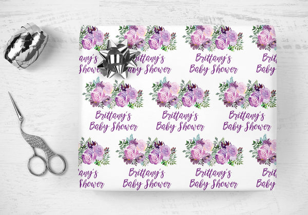 Baby Shower Wrapping Paper, Personalized Baby Shower Gift Wrap Purple Floral, Gift Wrap Sheets, Unique Present Wrapping Paper