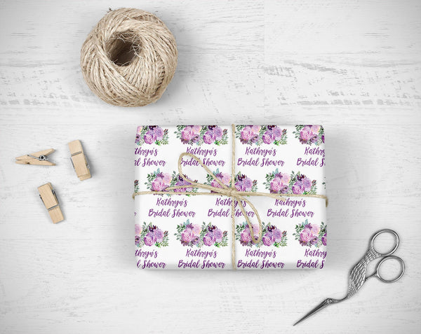 Personalized Bridal Shower Wedding Gift Wrap Sheets, Bridal Shower Wrapping Paper Purple Floral, Unique Wedding Present Wrapping Paper