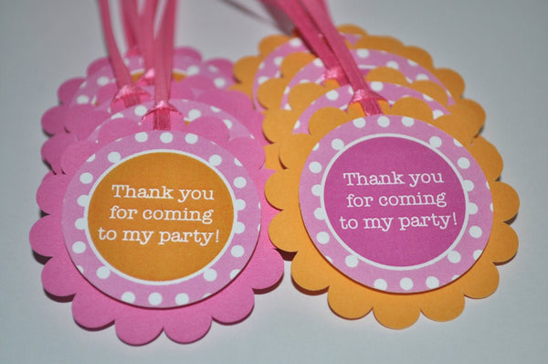 Birthday Party Favor Tags - Party Favors - Thank You Tags - Birthday Decorations - Orange, Pink and White Polkadots - Set of 12