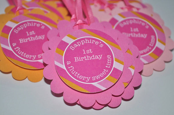 1st Birthday Favor Tags, Party Favor Tags, Girls Birthday Decorations, Thank You Tags, Party Favors, Pink and Orange Stripe - Set of 12