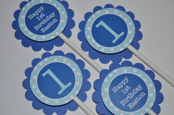 Boys 1st Birthday Cupcake Toppers, Boys Birthday Party Decorations, 1st Birthday Party, Dark Blue and Light Blue Polkadots - Set of 12