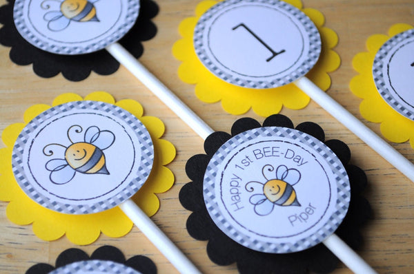 Bee 1st Birthday Cupcake Toppers, Bumble Bee Birthday, Happy BEE-Day Cupcake Toppers, Party Decorations, Birthday Ideas - Set of 12