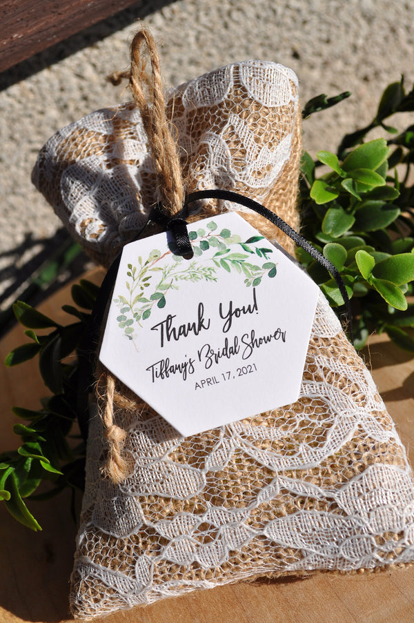 Bridal Shower Favor Thank You Tags Greenery Leaf Hexagon 2", Wedding Favors Personalized Wedding Tags, Bridal Shower Hang Tags - Set of 12