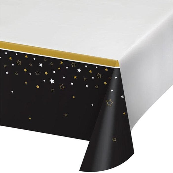 Graduation Tablecloth Plastic Disposable, Black and Gold Party Supplies Table Cover Rectangle, Tableware Party Decorations Retirement Party