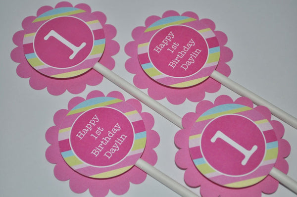 Girls 1st Birthday Cupcake Toppers, Cupcake Decorations, Girls Birthday Party Decorations, Girls Birthday Ideas, Pink Stripe - Set of 12