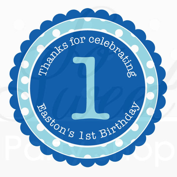 Birthday Favor Sticker Labels - Dark Blue and Light Blue Polkadot - Personalized Birthday Favor Stickers - Set of 24