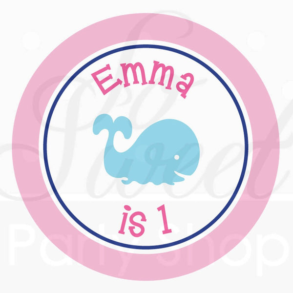 Nautical 1st Birthday Stickers, Girls 1st Birthday Favor Label Stickers, 1st Birthday Party Decorations, Pink Whale Birthday - Set of 24