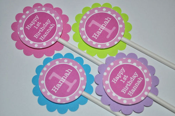 Cupcake Toppers 1st Birthday, Girls Birthday Decorations, Cupcake Picks, Pink, Lime Green, Blue, Purple and White Polkadots - Set of 12