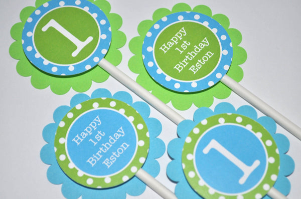 Boys 1st Birthday Cupcake Toppers, Boys Birthday Party Decorations, Bright Pool Blue, Bright Green and White Polkadots - Set of 12