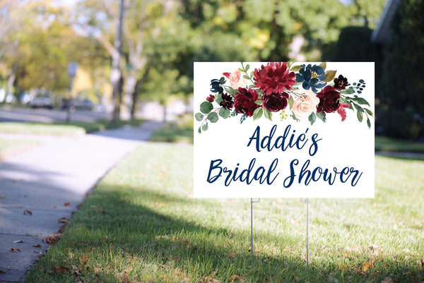 Bridal Shower Yard Sign Burgundy Navy Floral, Bridal Shower Lawn Sign, Virtual Bridal Shower Social Distancing 24” x 18" Printed Sign