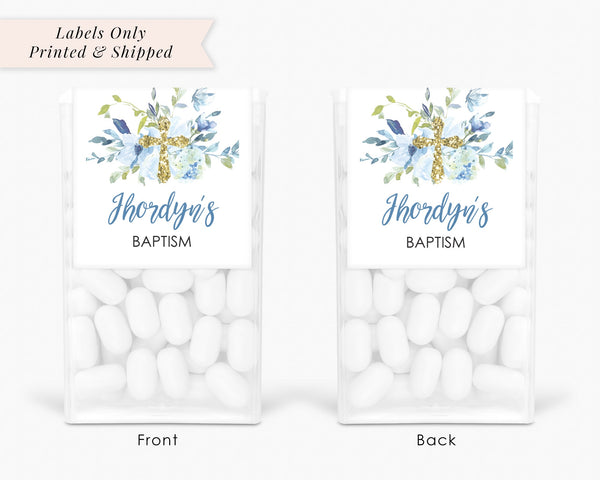 Baptism Party Favors, Tic Tac Labels Mint Favors, Boys Baptism Blue Floral Gold Cross, Personalized Party Favors - Set of 24 Labels