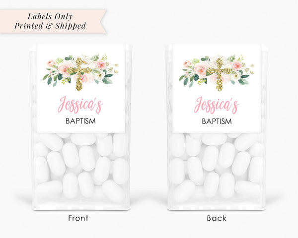 Baptism Party Favors, Tic Tac Labels Mint Favors, Girls Baptism Pink Floral Gold Cross, Personalized Party Favors - Set of 24 Labels