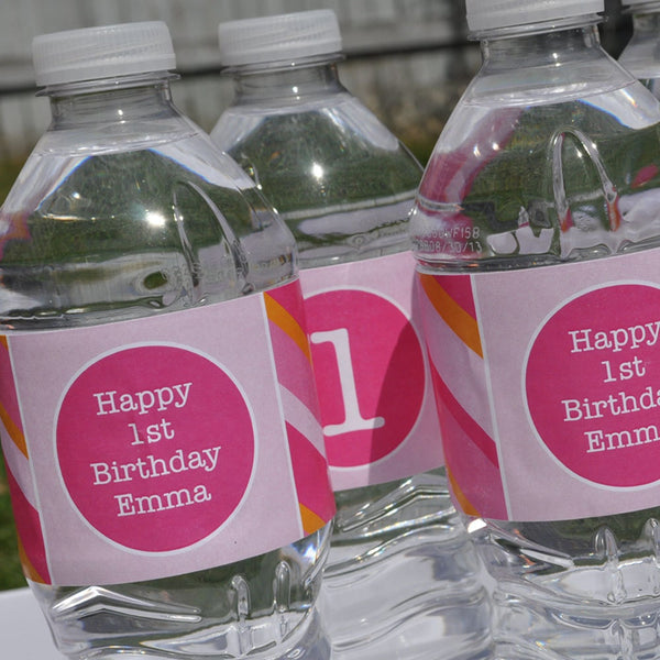 Water Bottle Labels, Girls 1st Birthday, Personalized Drink Labels, 1st Birthday Party Decorations, Pink and Orange Stripe - Set of 10