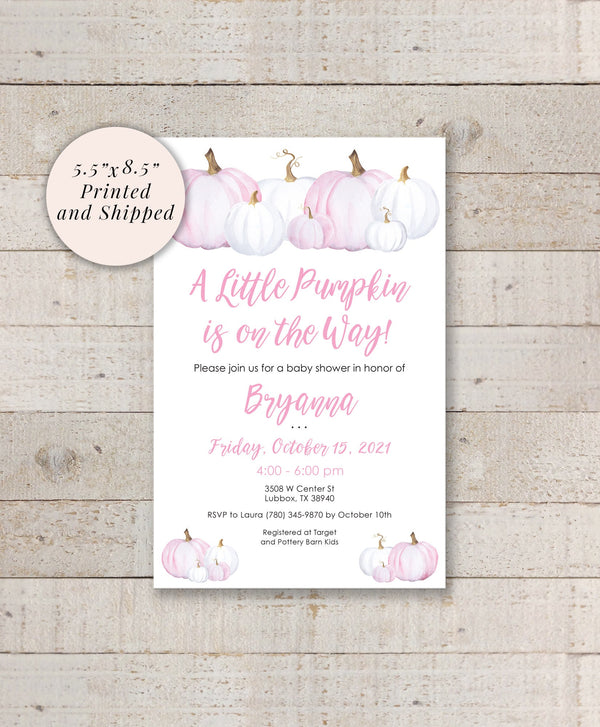 Pink Pumpkin Girl Baby Shower Invitations, A Little Pumpkin Is On The Way, Gender Reveal Baby Shower Invites, Fall Baby Shower - Set of 10