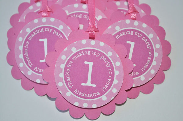 Girls 1st Birthday Party Favor Tags, Thank You Favor Tags, Pink and White Polkadot Party, Girls Birthday Party Decorations - Set of 12