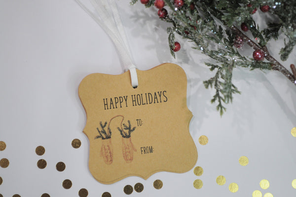 Christmas Gift Tags Mittens Kraft Happy Holidays, Merry Christmas Hang Tags, Gift Wrapping - Set of 12 Tags