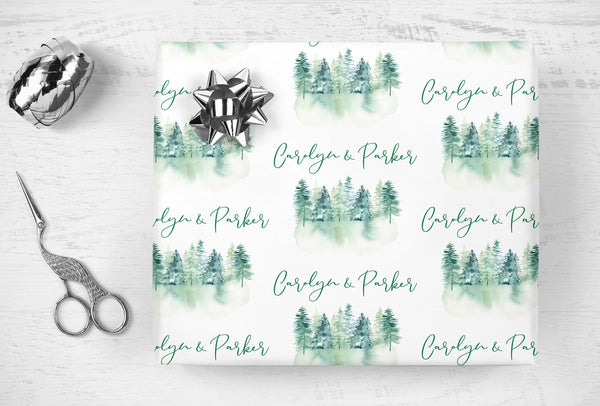 Bridal Shower Wrapping Paper Christmas Trees Evergreens Winter Wedding, Personalized Bridal Shower Wedding Gift Wrap Sheets