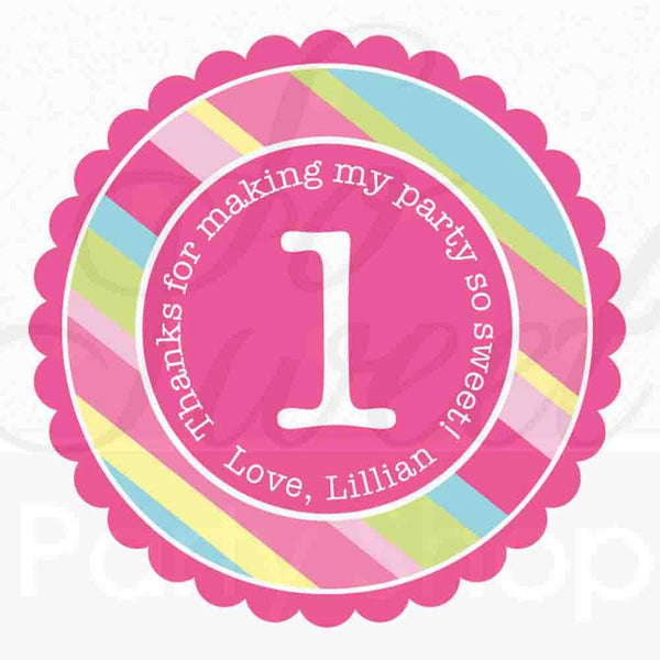 1st Birthday Favor Sticker Labels, Thank You Stickers, Birthday Favors, Girls 1st Birthday, Pink, Blue, Green Stripe - Set of 24