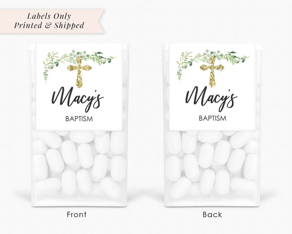 Baptism Party Favors, Tic Tac Labels Mint Favors, Greenery Leaves Gold Cross, Personalized Party Favors - Set of 24 Labels