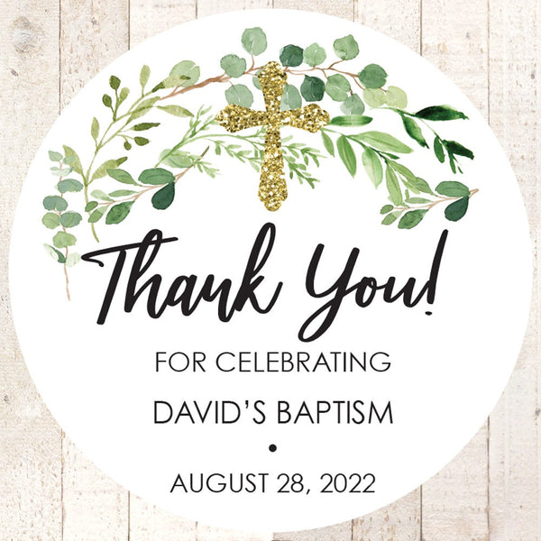 Baptism Thank You Favor Stickers, Greenery Leaves Gold Cross Baby Christening Favor Goodie Bag Tag Labels - Set of 24