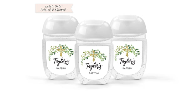 Baptism Hand Sanitizer Favor Labels Hand Sanitizer Labels, Baptism Christening Favors Greenery Leaves Gold Cross - Set of 30 Labels