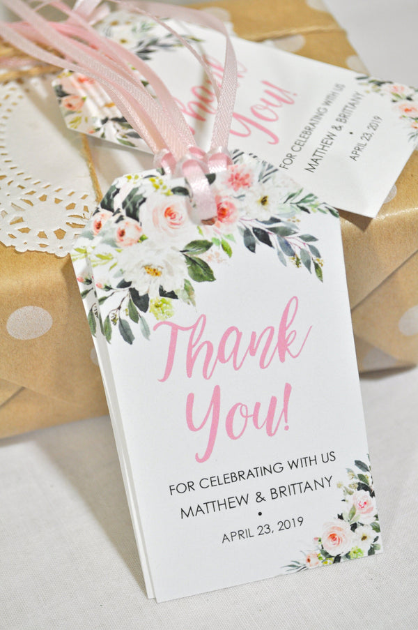 Wedding Favor Tags, Bridal Shower Favor Tags, Thank You Tags, Personalized Wedding Tags, Blush Floral Thank You Favor Tags - Set of 12