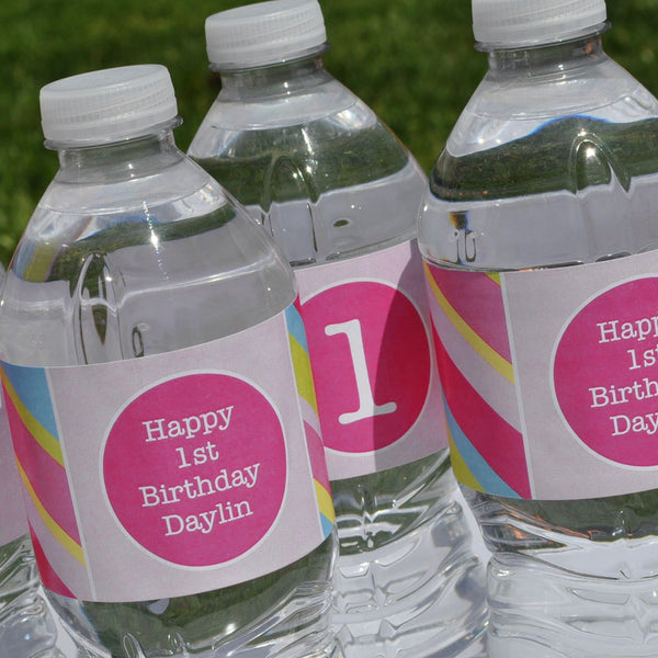 Water Bottle Labels, Girls 1st Birthday Party Decorations, Drink Labels, Water Bottle Wraps, Pink, Blue, Green and Yellow Stripe - Set of 10